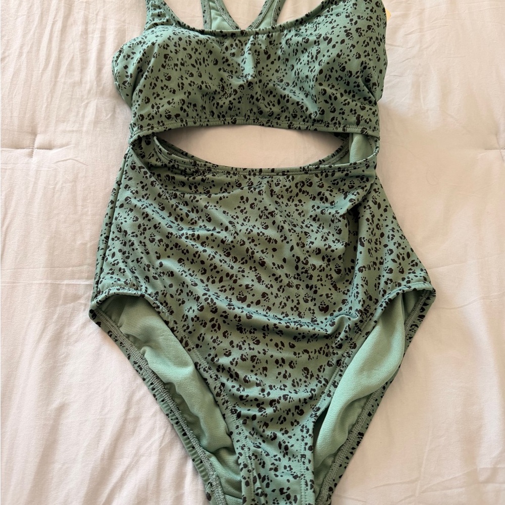 Motionwear Sage Green One-Piece Swim Suit with Black Spot Print and Cutout